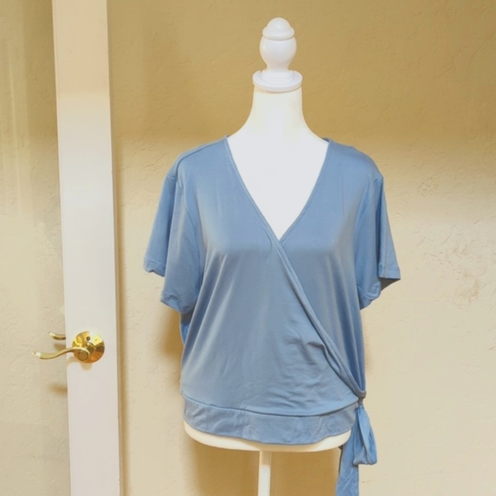 No Comment Plus Blue Surplice Wrap Crop Top Size 3X